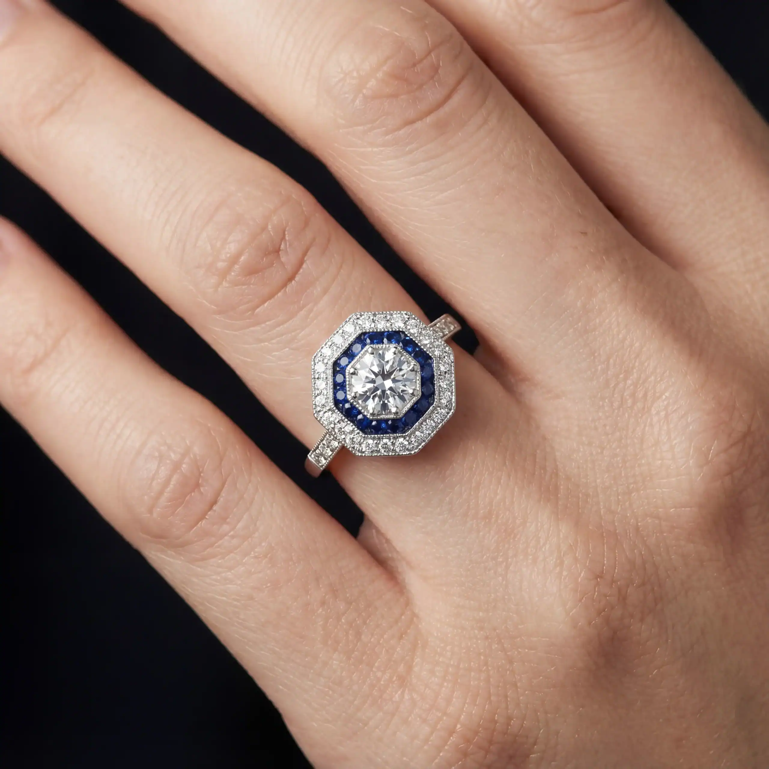 טבעת ארט-דקו ספירים ויהלומים