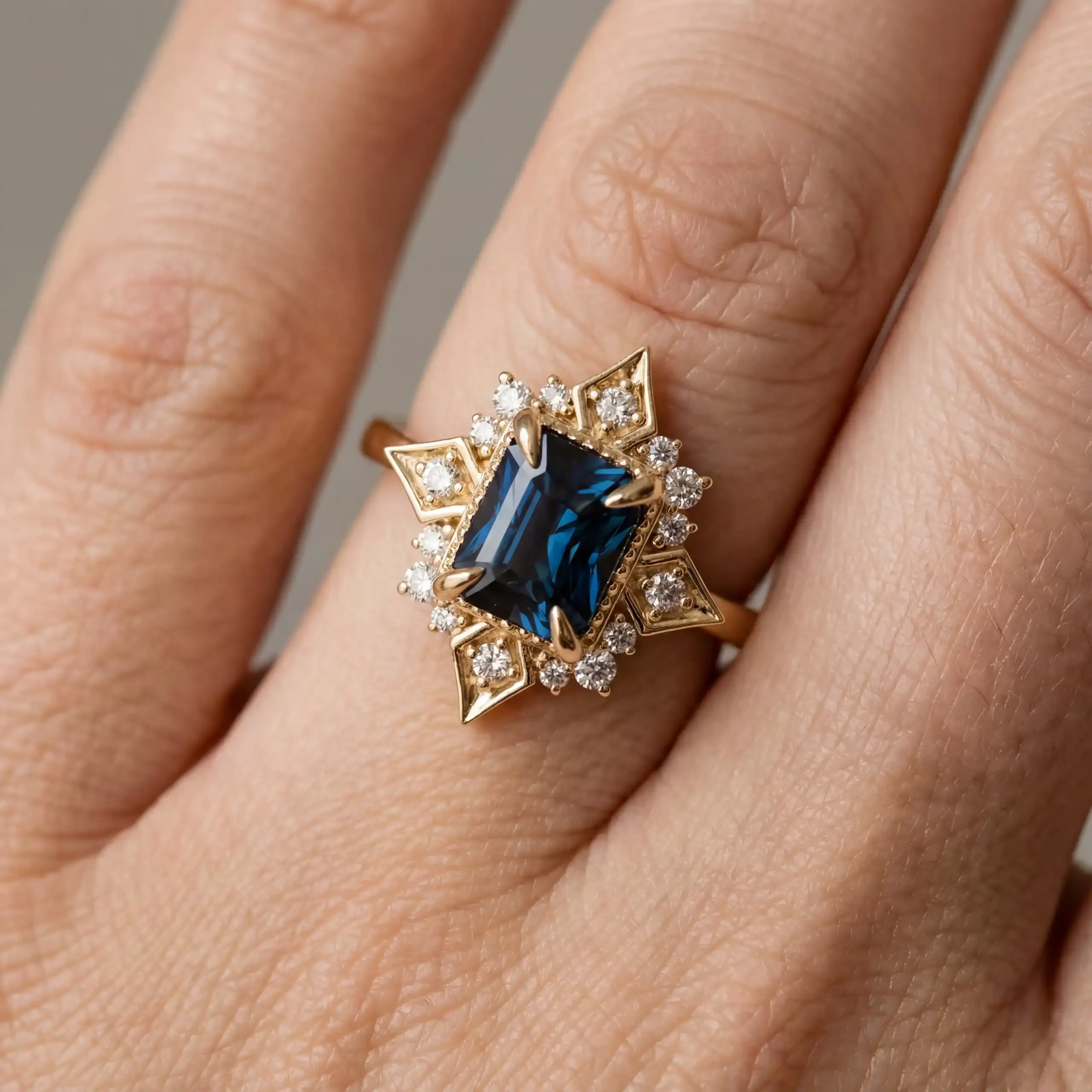 טבעת אבן חן ספיר עם יהלומים